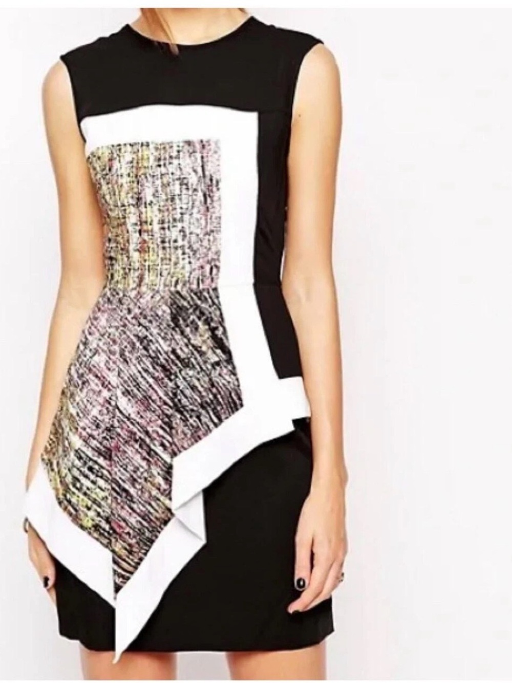 BCBGMaxAzria Alessandra Black, White and Multicolor Asymmetric Panel Dress